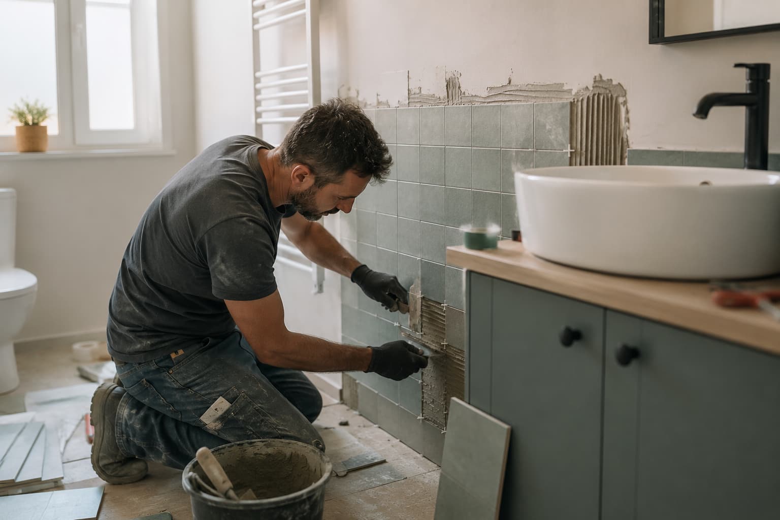 Bagno ristrutturato con rivestimenti chiari e sanitari moderni